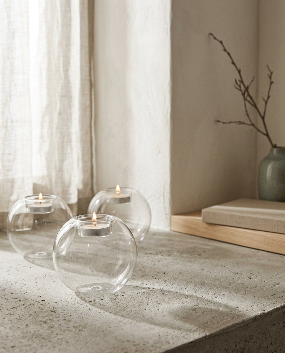 Bougeoir en verre transparent en situation