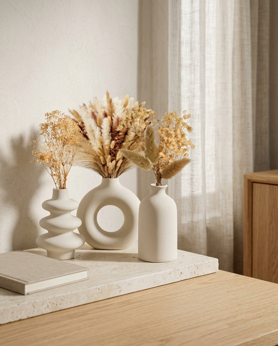 Ensemble de 3 vases bohème blancs en situation