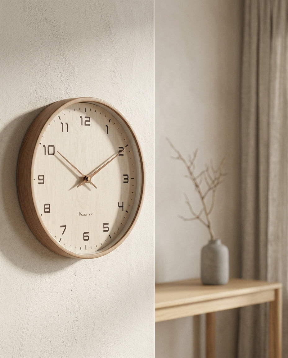 Grande horloge murale en bois style nordique en situation