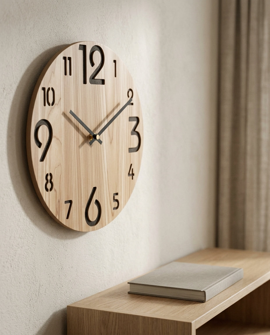 RELIEVO — Horloge Murale Bois Relief 3D en situation