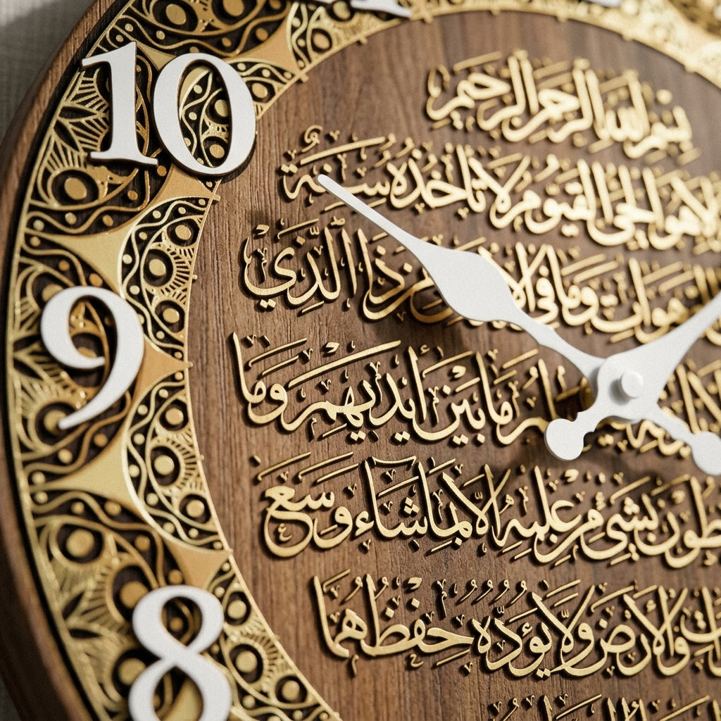 Horloge murale en bois avec calligraphie islamique, détail