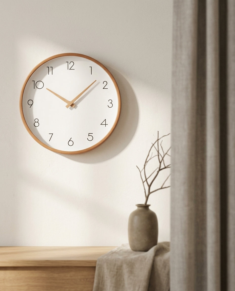 Horloge murale en bois massif simple et moderne en situation