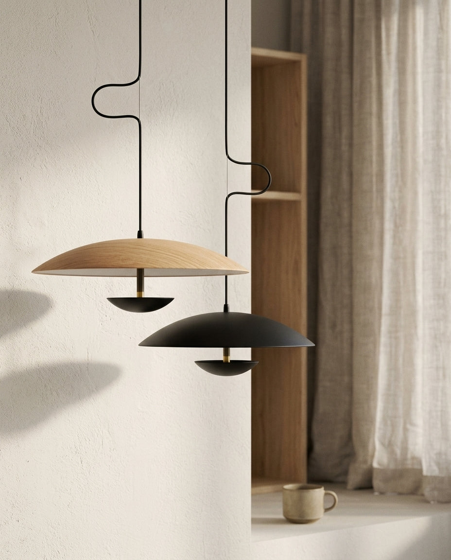 Lampes suspendues LED bois grainé noir en situation