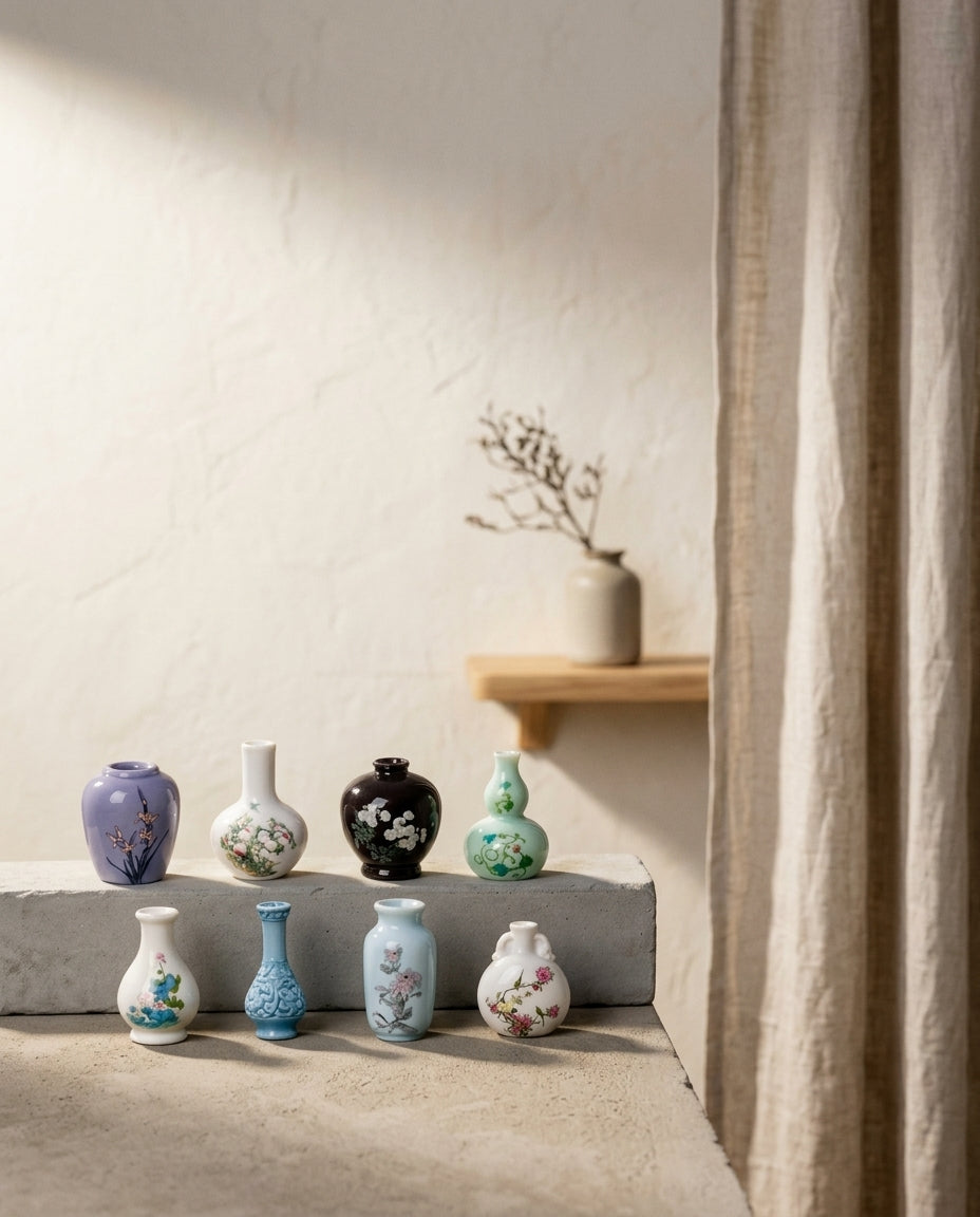 Mini-vases en résine aspect porcelaine en situation