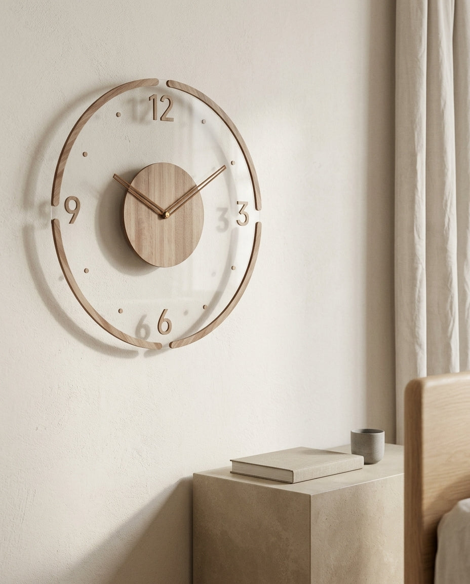 Horloge murale ronde numérique nordique en bois en situation