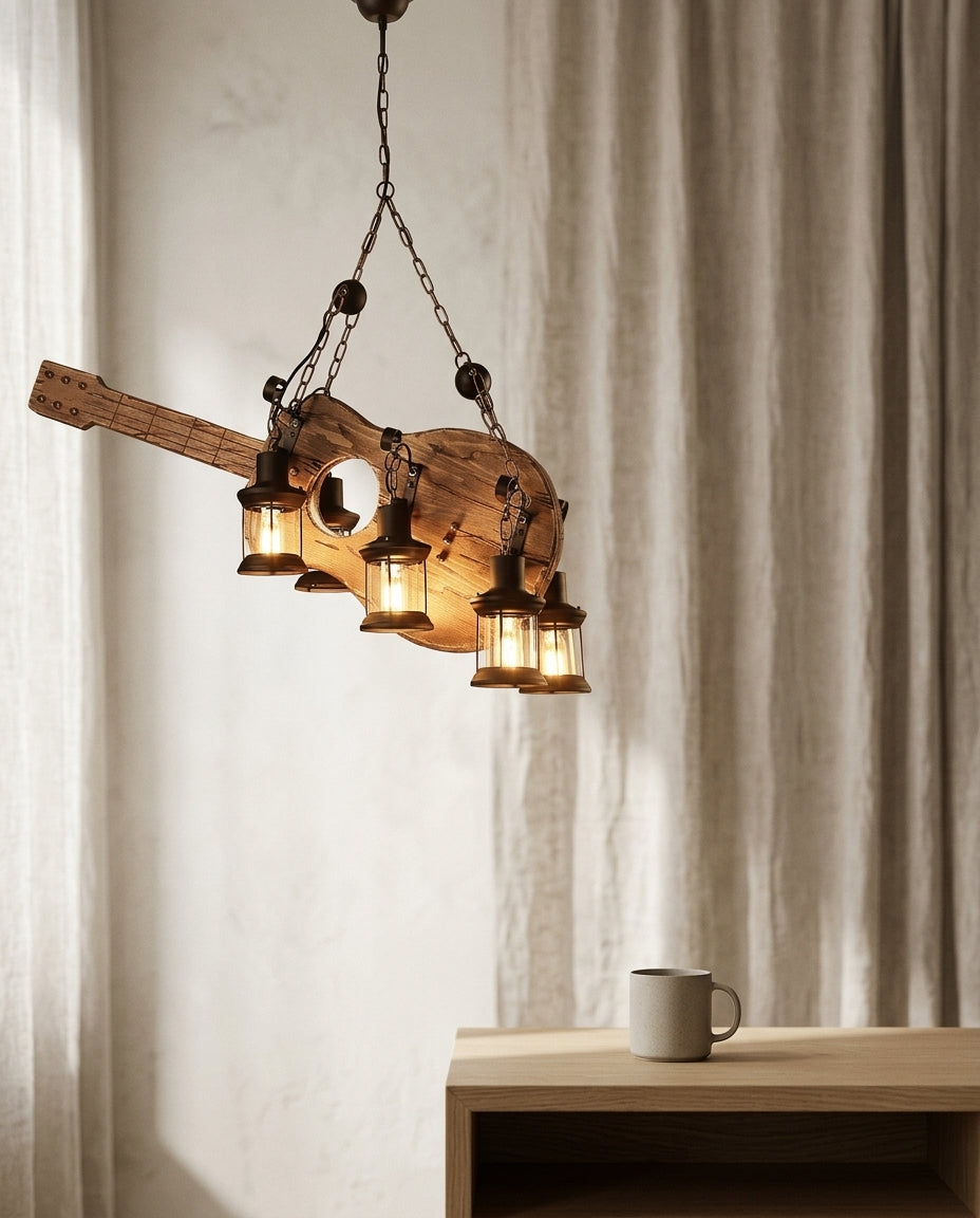 Lampe LED suspendue en bois rétro en situation