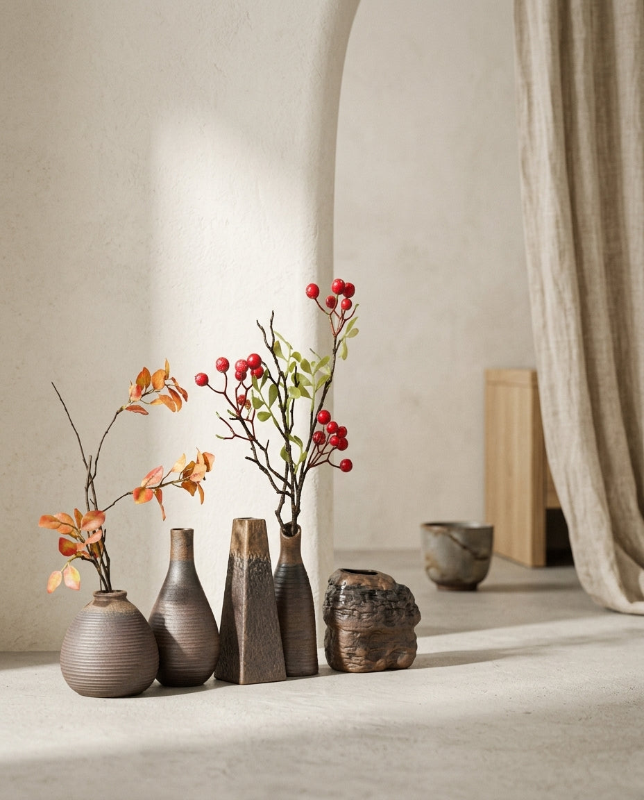 Mini vase à fleurs rétro en poterie brute en situation