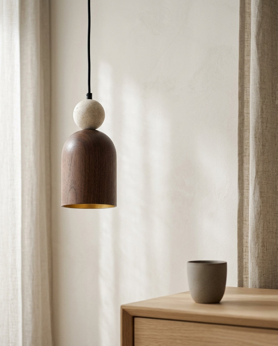 Suspension LED bois et pierre en situation