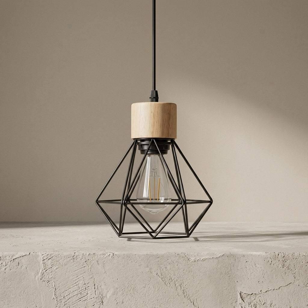 Suspension vintage bois et fer, cage