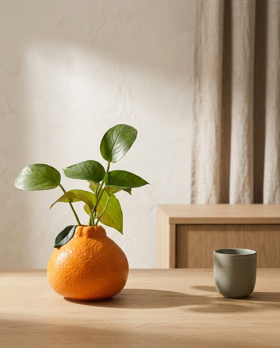 Vase en céramique orange en situation
