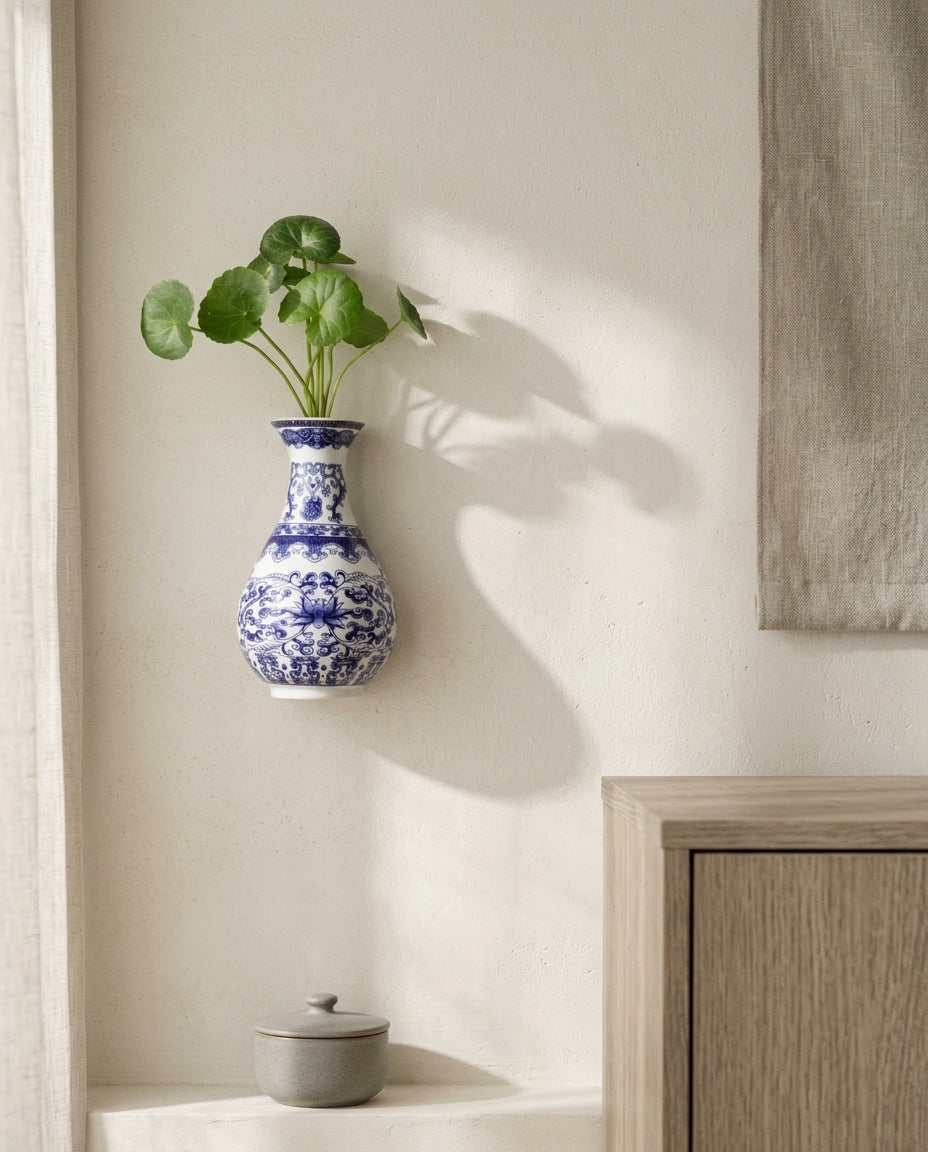 Vase en céramique porcelaine bleue et blanche en situation